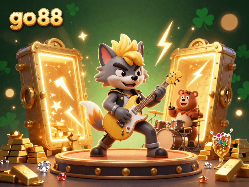 Experience go 88’s thrilling casino excitement with a rock star wolf and drummer bear illustration.