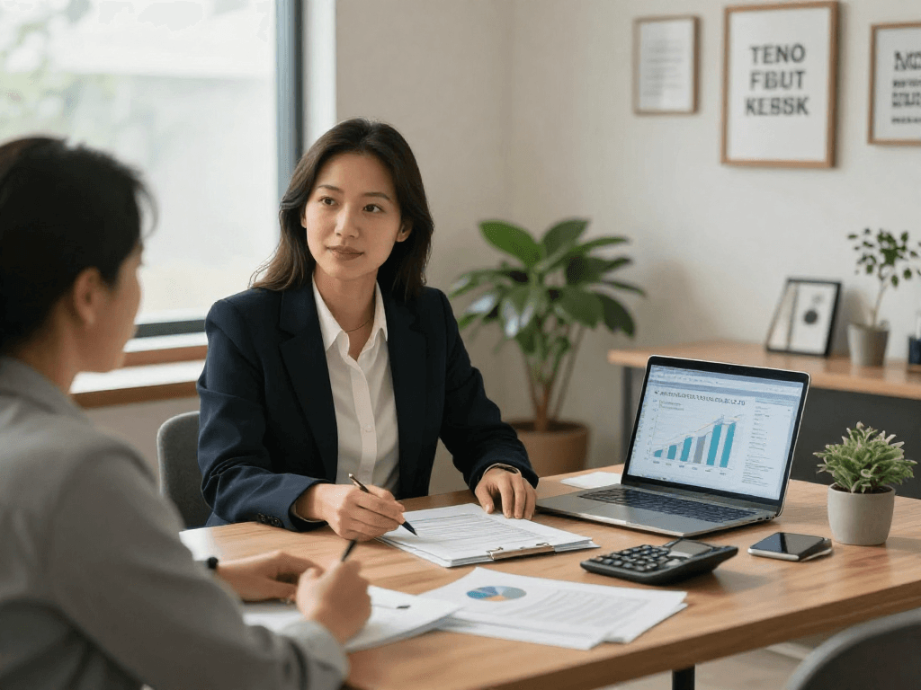 Client consulting a financial advisor about credit consolidation strategies in a welcoming office.