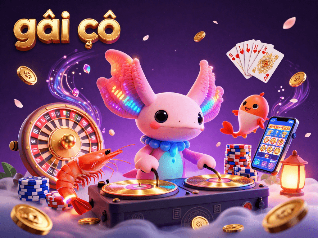 Experience 'gái gọi' through an energetic 3D casino scene featuring a colorful axolotl DJ and gaming elements.