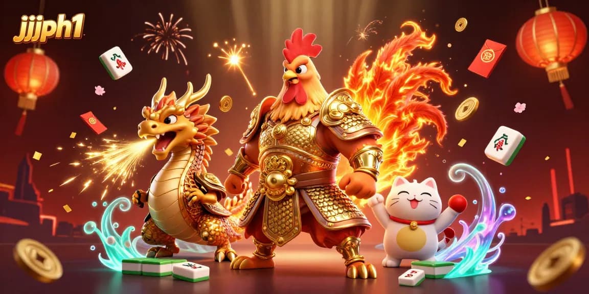 Experience jjjph1 thrills with a dynamic scene featuring a fighting rooster and dragon, and festive casino elements.