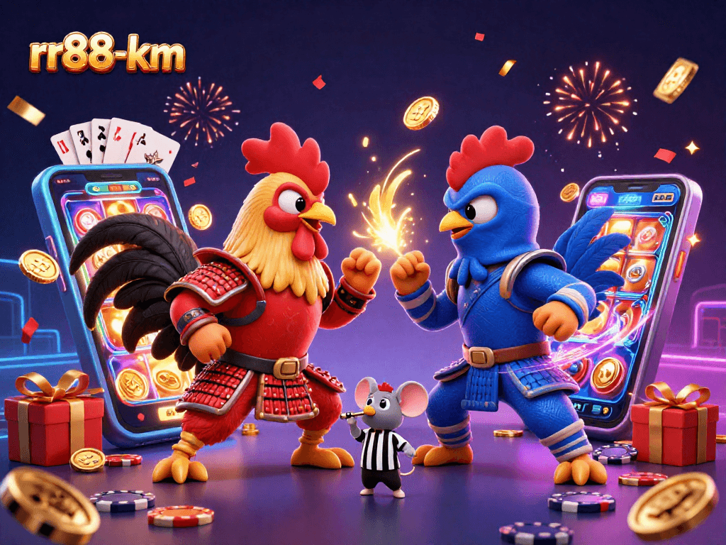 Engage in thrilling gameplay with rr88-km fighting roosters standoff in a colorful casino atmosphere.