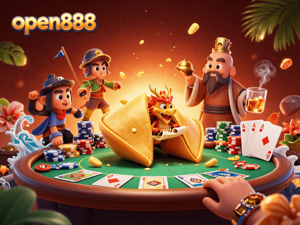 Engage with open888's thrilling casino adventure featuring golden fortune cookie magic and poker excitement.