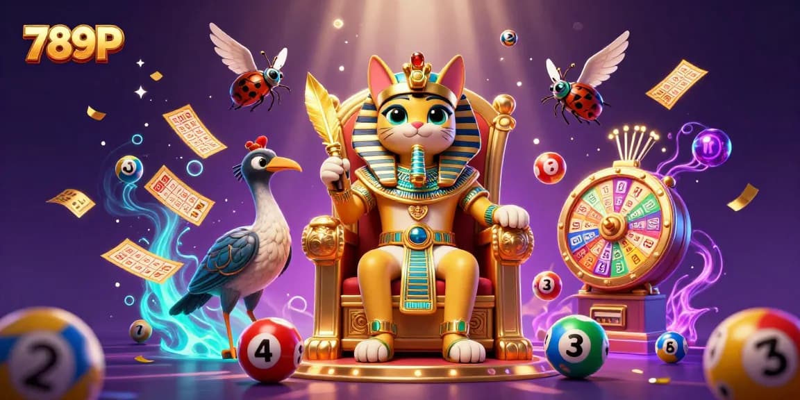 Experience the excitement of 789P as vibrant lottery balls and prizes surround the pharaoh cat, enhancing your gaming adventure.
