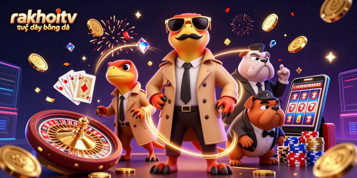 View rakhoitv trực tiếp bóng đá scene showcasing humorous raptors attempting casino entry amid dazzling gambling elements.