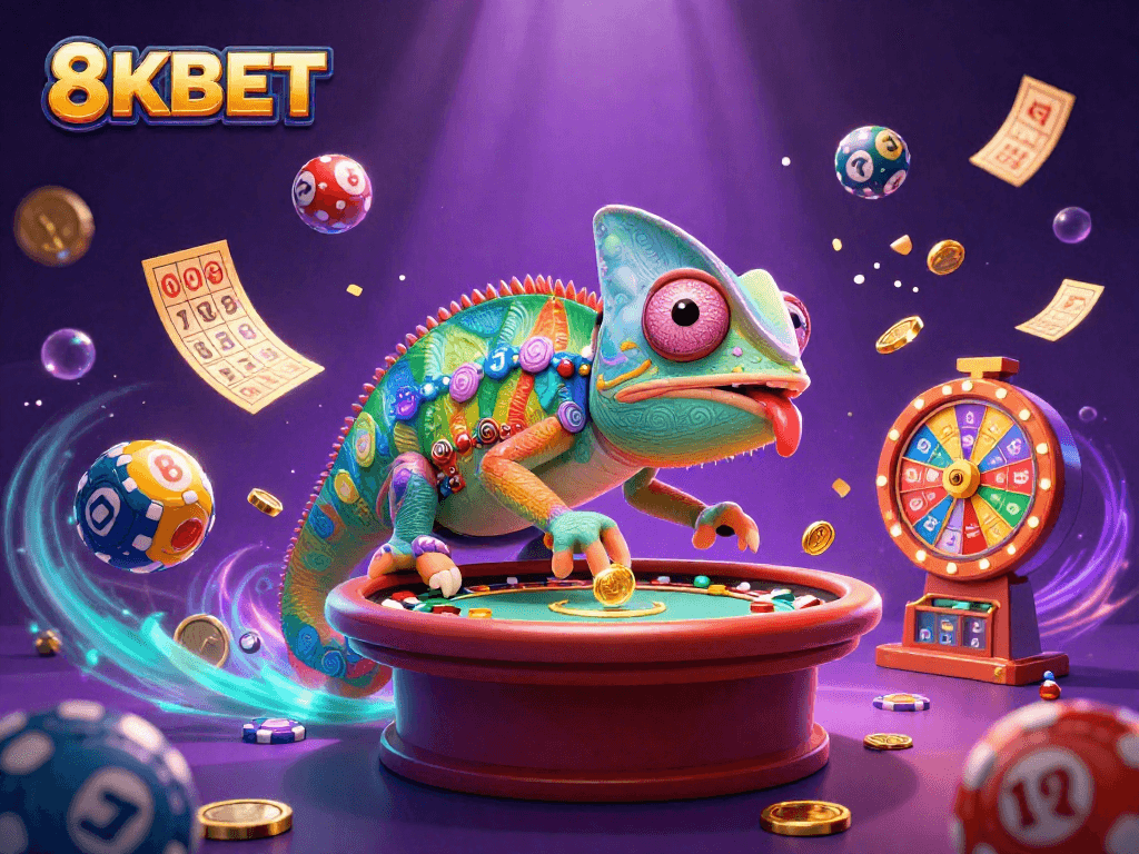 Experience the excitement of winning with 8KBET's thrilling casino games in a vibrant, animated scene.