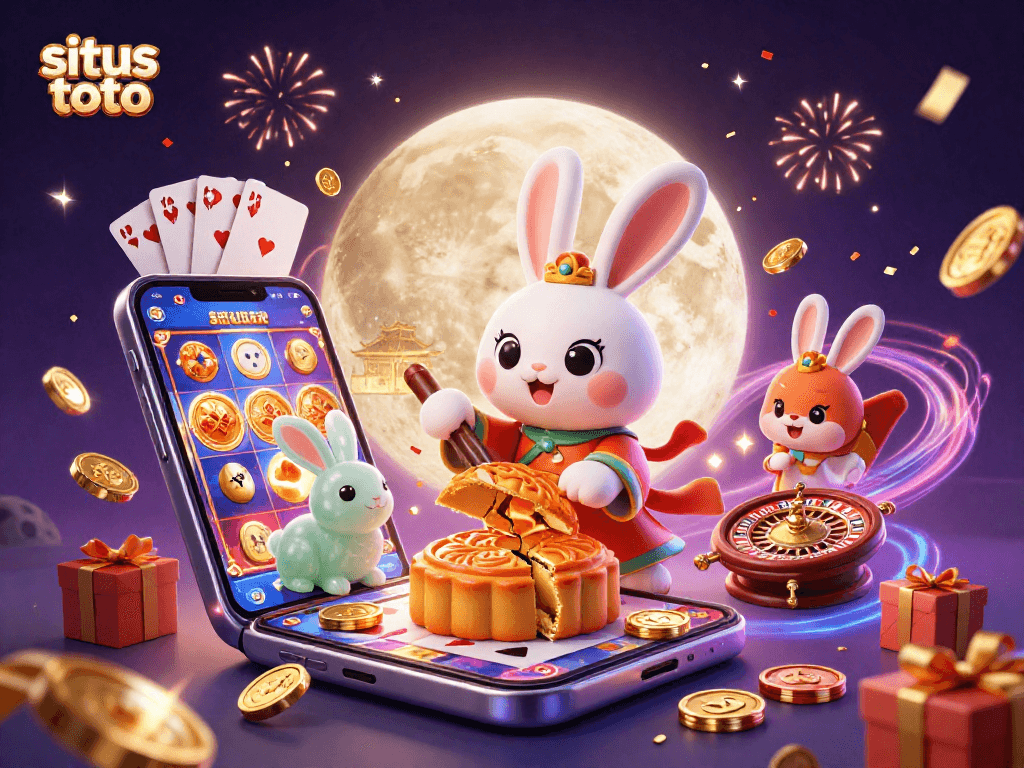 Wujudkan keseruan permainan di situs toto dengan kelinci bulan yang memukul kue bulanan yang berisi chip poker.
