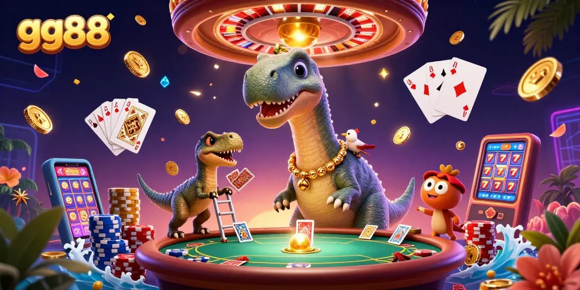 Experience big wins at gg88 with a giant brontosaurus and raptor dealer in a vivid casino scene.