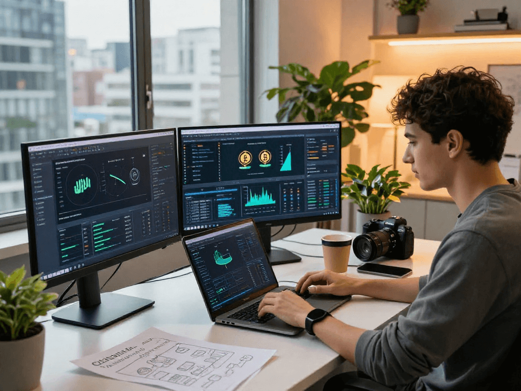 Engaged professional analyzing tornardocash interface and cryptocurrency analytics in a modern finance workspace.