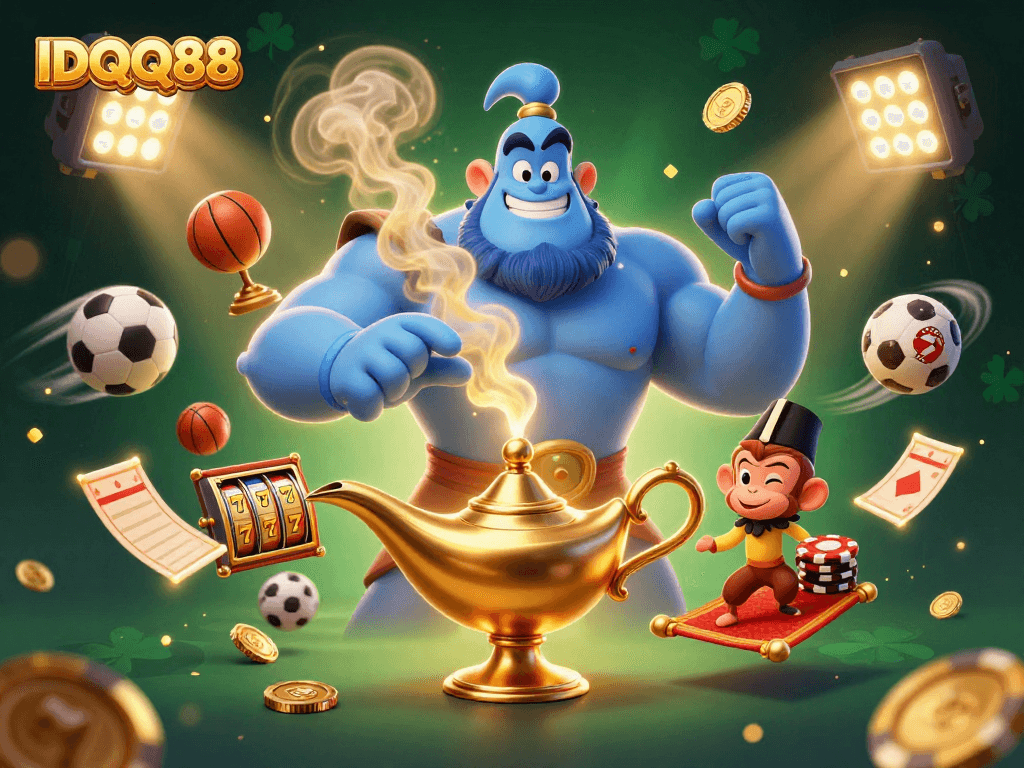 Experience the magic of IDQQ88 with a dynamic casino scene featuring a genie, monkey, and slot elements.