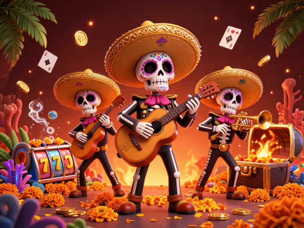 Experience the thrill of qs88 with vibrant gambling art featuring mariachi skeletons amidst explosive treasures.