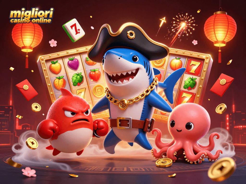 Gioca nei migliori casino online con un'illustrazione vivace di un squalo pirata e un polipo che offre monete d'oro.