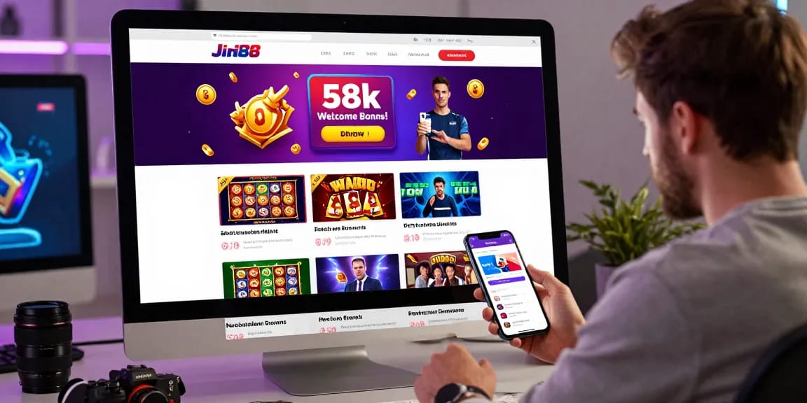 Giao diện sòng bạc Jin88 hiển thị khuyến mãi 58k và trải nghiệm người dùng an toàn