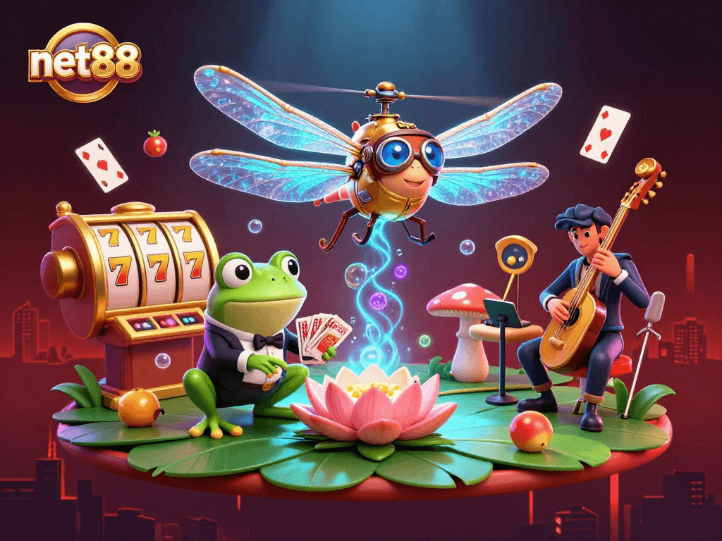 Experience vibrant gaming at net88 with a 3D dragonfly casino scene featuring cards, reels, and jazz music.