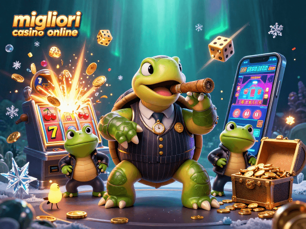 Gioca nei migliori casino online con la tartaruga gangster e i suoi scagnozzi in un'affascinante illustrazione 3D.