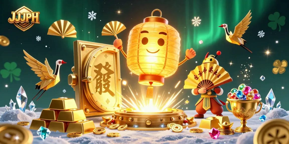 Experience JJJPH with a radiant golden lantern spirit in a vibrant casino scene full of treasure.