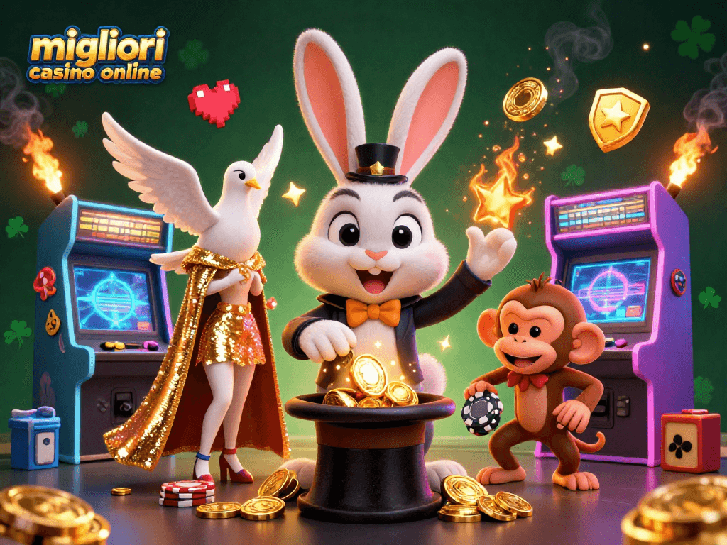Giocando ai migliori casino online, un coniglio mago tira monete d'oro da un cappello, accompagnato da una colomba e una scimmia.