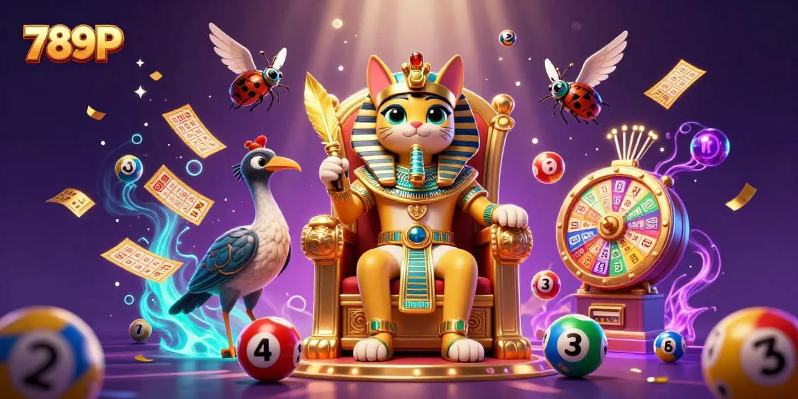 Experience the excitement of 789P as vibrant lottery balls and prizes surround the pharaoh cat, enhancing your gaming adventure.
