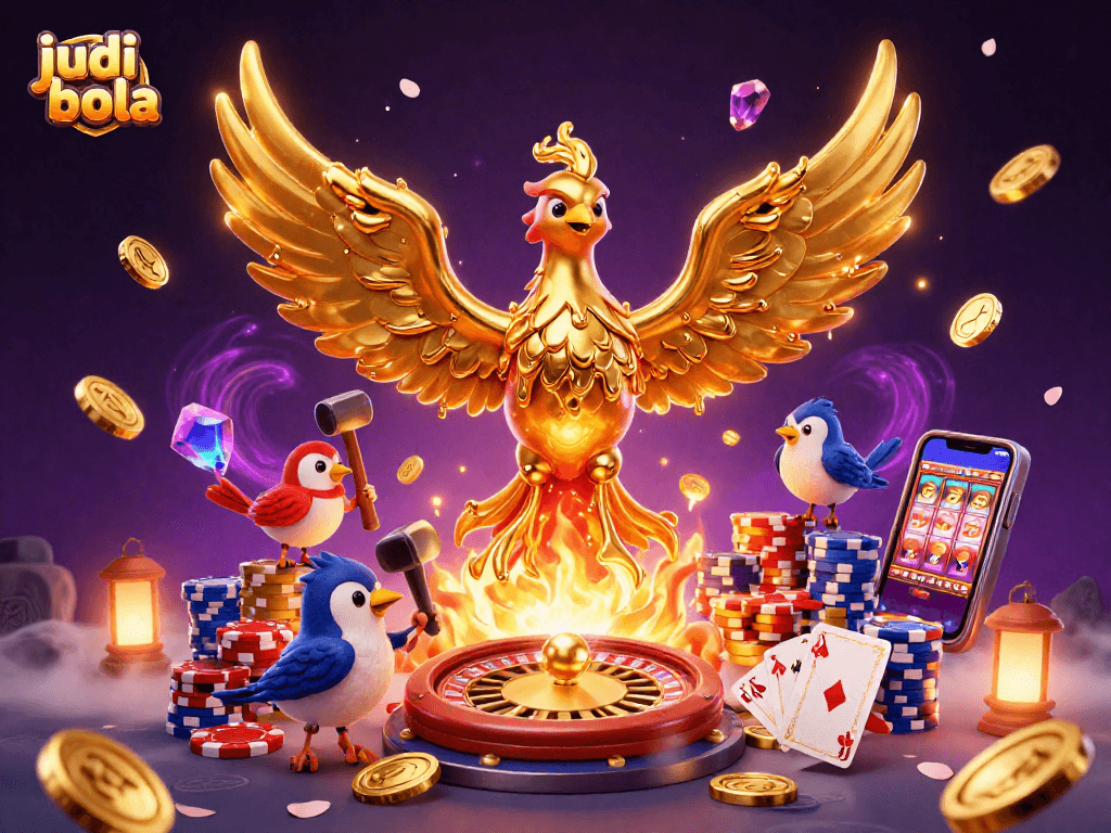 Bets on judi bola highlighted with a molten golden phoenix, revealing thrilling sports betting excitement.