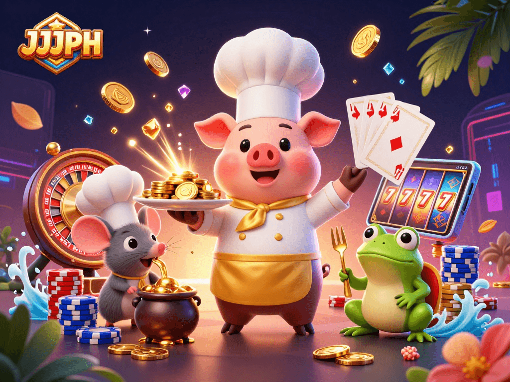Engage with the exciting world of JJJPH casino games featuring a chef pig, mouse, and frog amidst gold coins and vibrant elements.