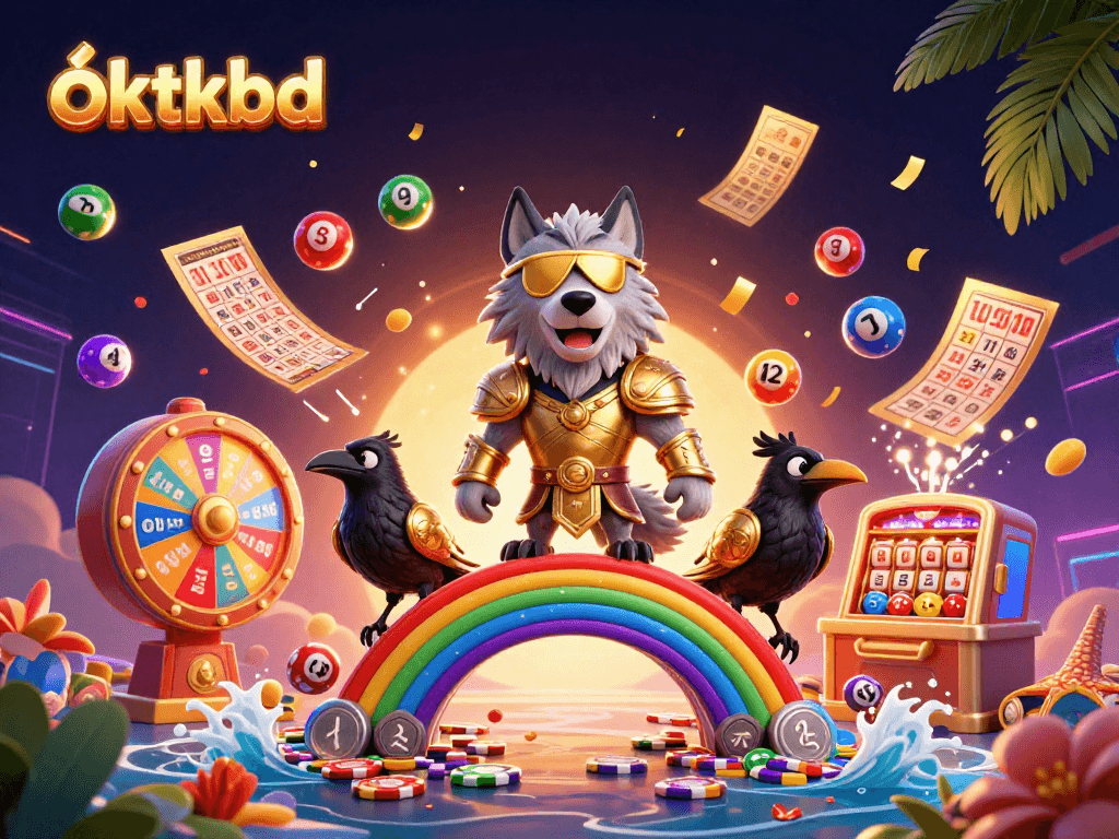 Engage with oktkbd through exciting 3D lottery-themed illustration featuring vibrant characters and elements.