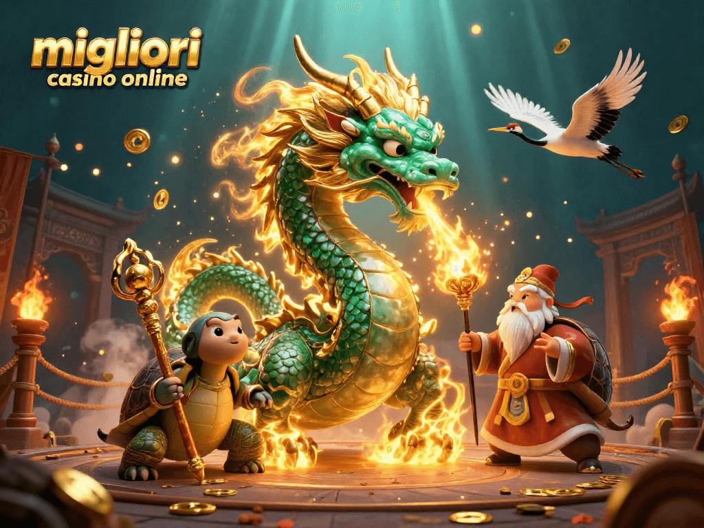 Scopri i migliori casino online con un drago di giada e un saggio tartaruga in un'atmosfera vibrante.