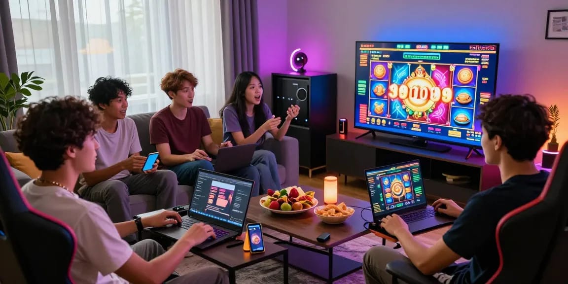 Friends engaging in live-streaming situs slot games in a lively gaming environment