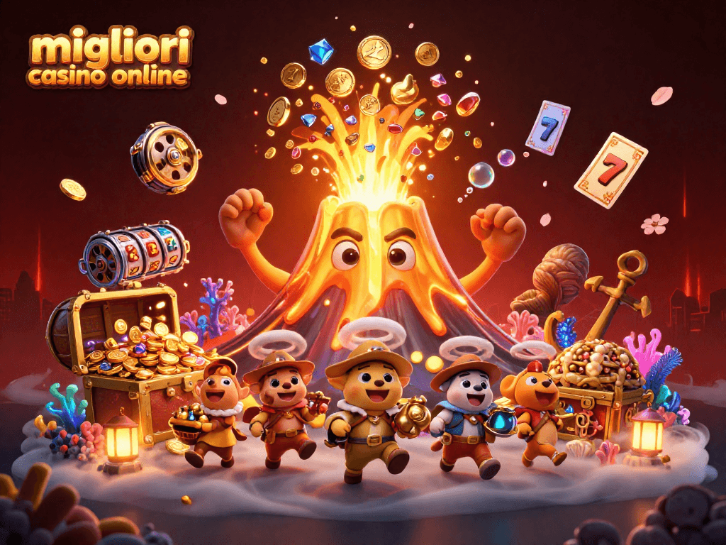 Scopri i migliori casino online con una divertente scena di un vulcano dorato e tesori.