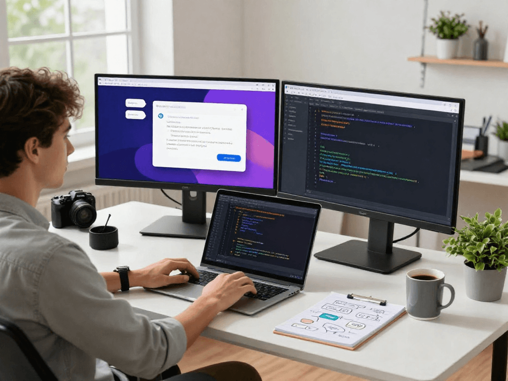 Engaging AI chat NSFW development workspace with vibrant chat interfaces and natural lighting.