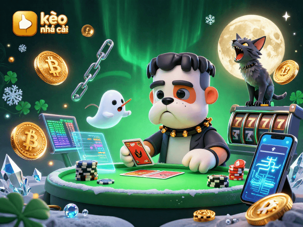 Create thrilling kèo nhà cái experiences with a whimsical 3D monster scene featuring casino elements.