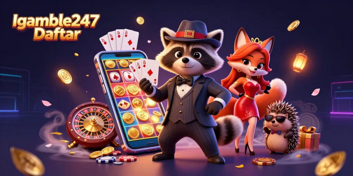 Igamble247 Daftar showcases dynamic gaming elements with a suave raccoon and charming fox, creating an immersive casino scene.