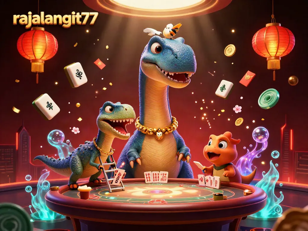 Engage with rajalangit77 in a vibrant 3D casino scene featuring animated characters and festive elements.