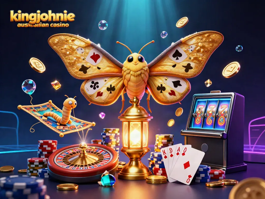 Experience vibrant action at kingjohnnie australian casino with a majestic 3D moth and golden casino elements.