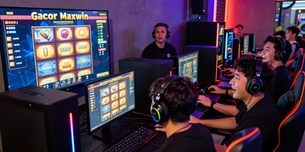 Players enjoying the slot gacor maxwin game in a lively gaming lounge, showcasing excitement and engagement.