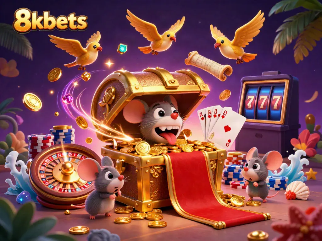 Experience thrilling wins with 8xbets illustrated in a rich casino scene filled with coins and treasures.