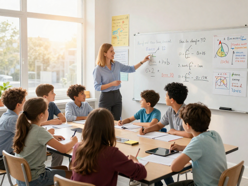 Math and English tutors guiding excited students in a vibrant classroom setting.