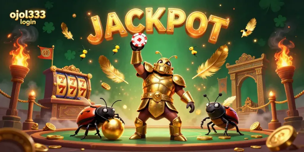 Experience the thrill of ojol333 login with a hero beetle depicting a jackpot win in a vibrant casino.