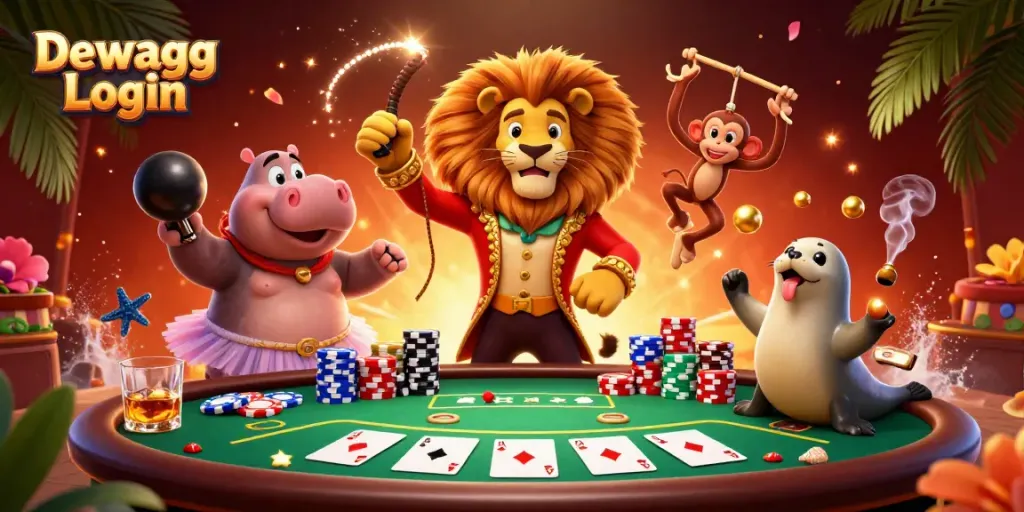 Dewagg Login showcases an exciting 3D illustration of characters celebrating a thrilling poker game environment.