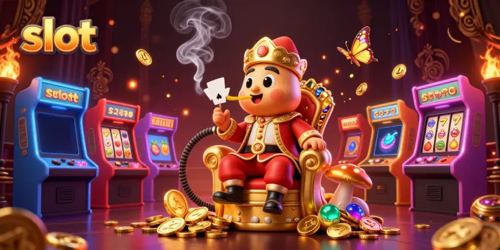 Experience thrilling slot gaming with a vibrant 3D casino scene featuring animated characters and gaming elements.