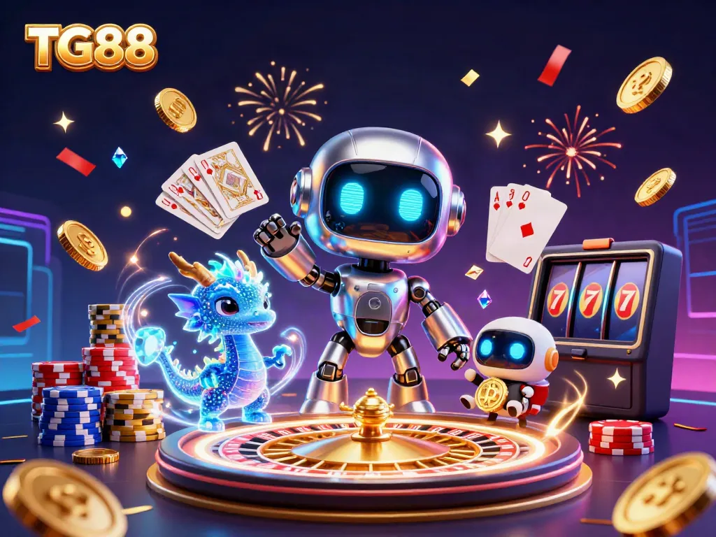 Experience excitement with TG88 in a vibrant casino-themed 3D illustration showcasing games and winning.