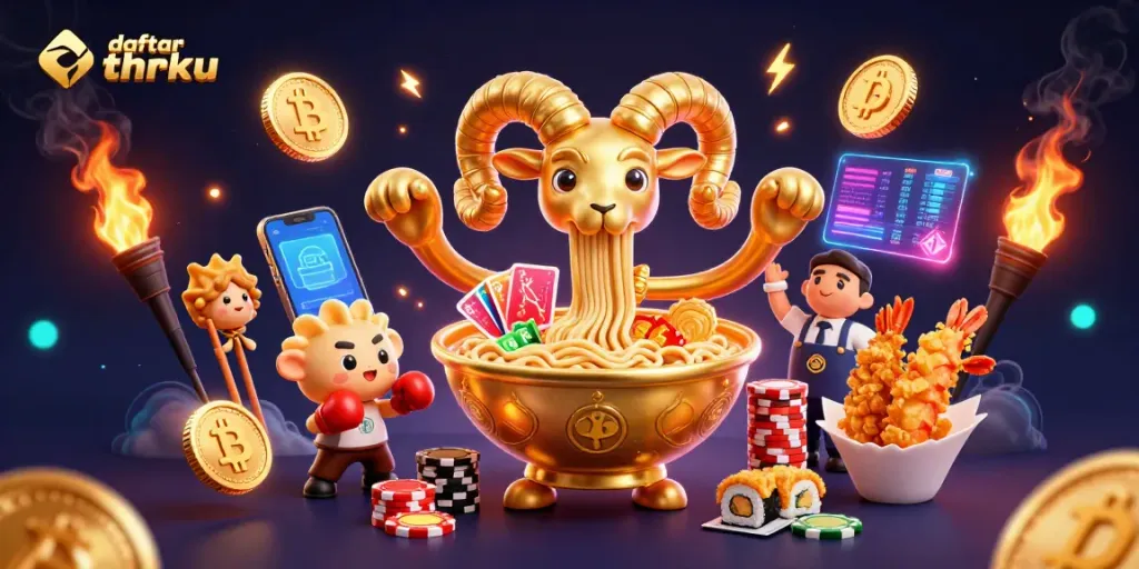 Engage with daftar thrku at a vibrant casino scene featuring a giant ramen bowl character, cards, and chips.