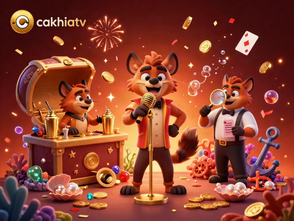 Cakhiatv showcases a lively 3D cartoon casino scene featuring hyenas, comedy, and gold coins