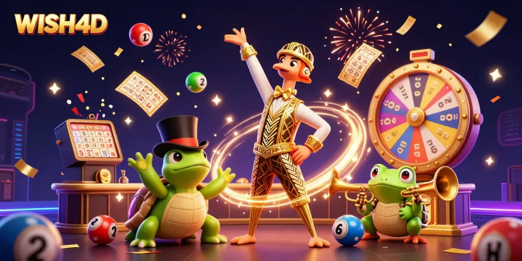 Experience seamless gaming with WISH4D, featuring vibrant scenes of lottery excitement and dynamic gameplay.