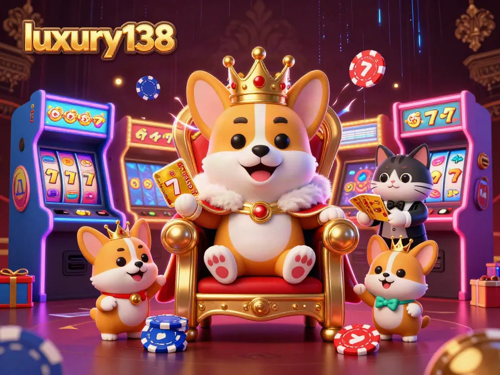Experience the excitement of luxury138 with our vibrant illustration showcasing royal gaming characters amidst dazzling casino elements.
