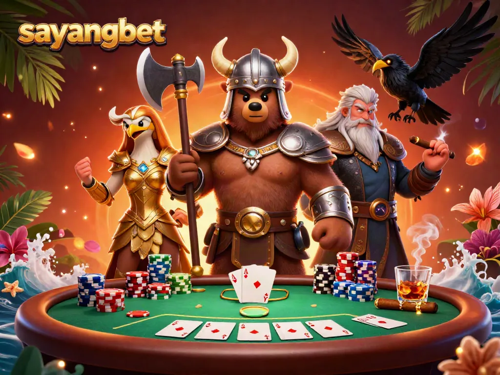 Experience thrilling poker action with sayangbet's vibrant 3D casino scene featuring bear and eagle characters