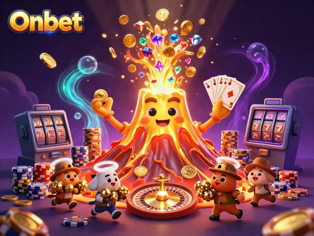 Onbet's 3D gold volcano erupts treasure with gaming elements, showcasing casino excitement.