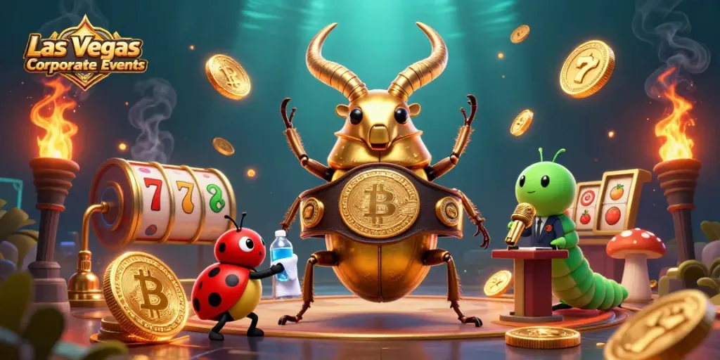 Engage with Las Vegas Corporate Events through a vibrant 3D illustration depicting playful characters in a lively casino scene.
