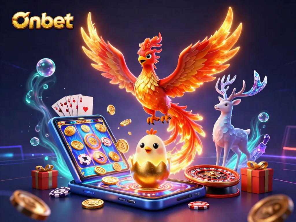 Onbet showcases an exciting casino scene with a phoenix and gaming elements, representing thrilling wins.