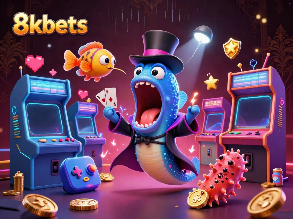 Engaging scene depicting 8xbets characters in a colorful casino environment performing tricks with shimmering game elements.