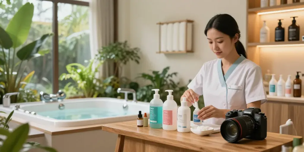 Spa Filter & Chemical Sydney with technician preparing spa chemicals in serene environment.