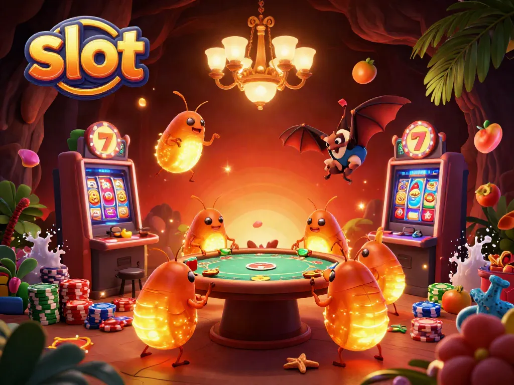 Experience vibrant slot games with glowworms illuminating a cave casino in this dynamic illustration.